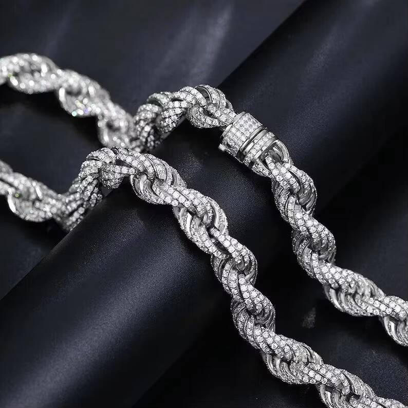 Luxury 8mm 12mm Moissanite Setting Rope Chain 925 Sterling Silver Chain Hiphop Iced Out Bling Cuban Chain