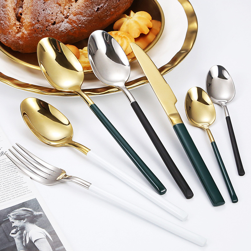 Silver Gold Flatware Set Stainless Steel Cutlery Handle White Black Green Tableware