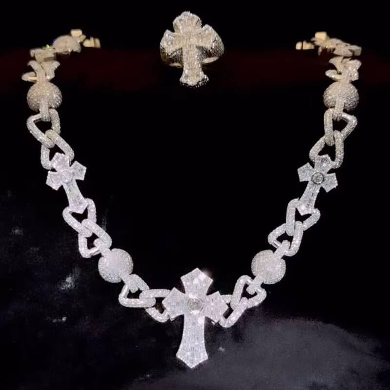 Iced Out Baguette VVS Moissanite Hiphop Cross Beads ChainBracelet 925 Sterling Silver Customized Trend Cuban Link Chain