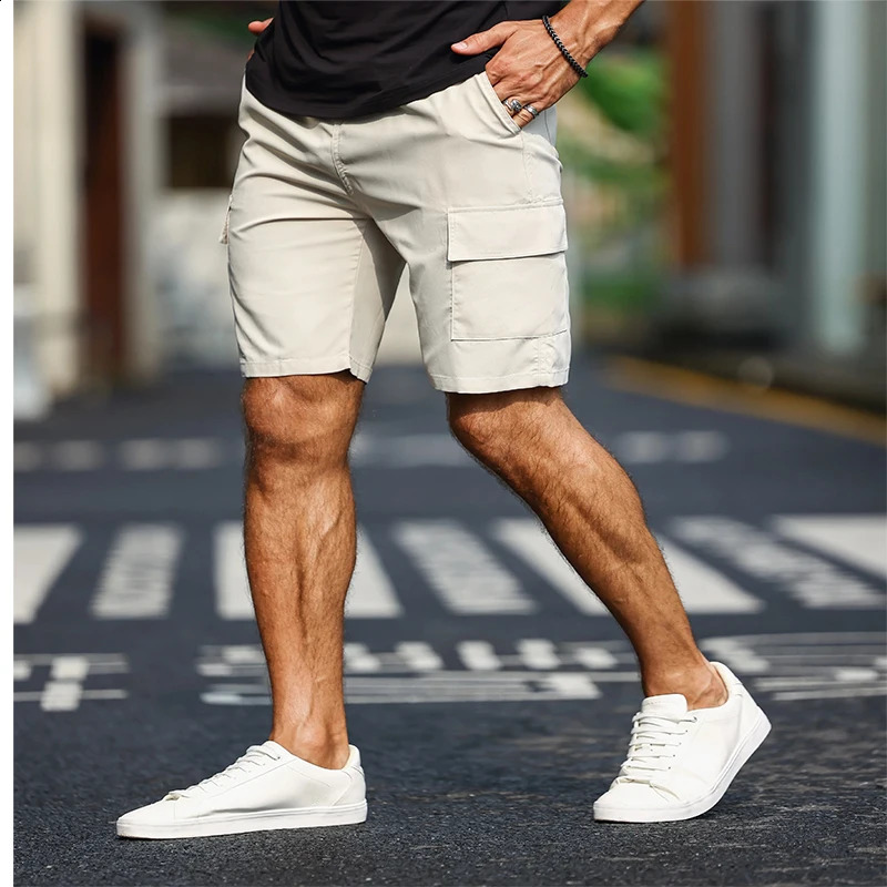 Mens Solid Color Cargo Shorts with Pockets Drawstring Waist Elastic Side Loose Fit Chino Summer Lightweight Trousers 250920