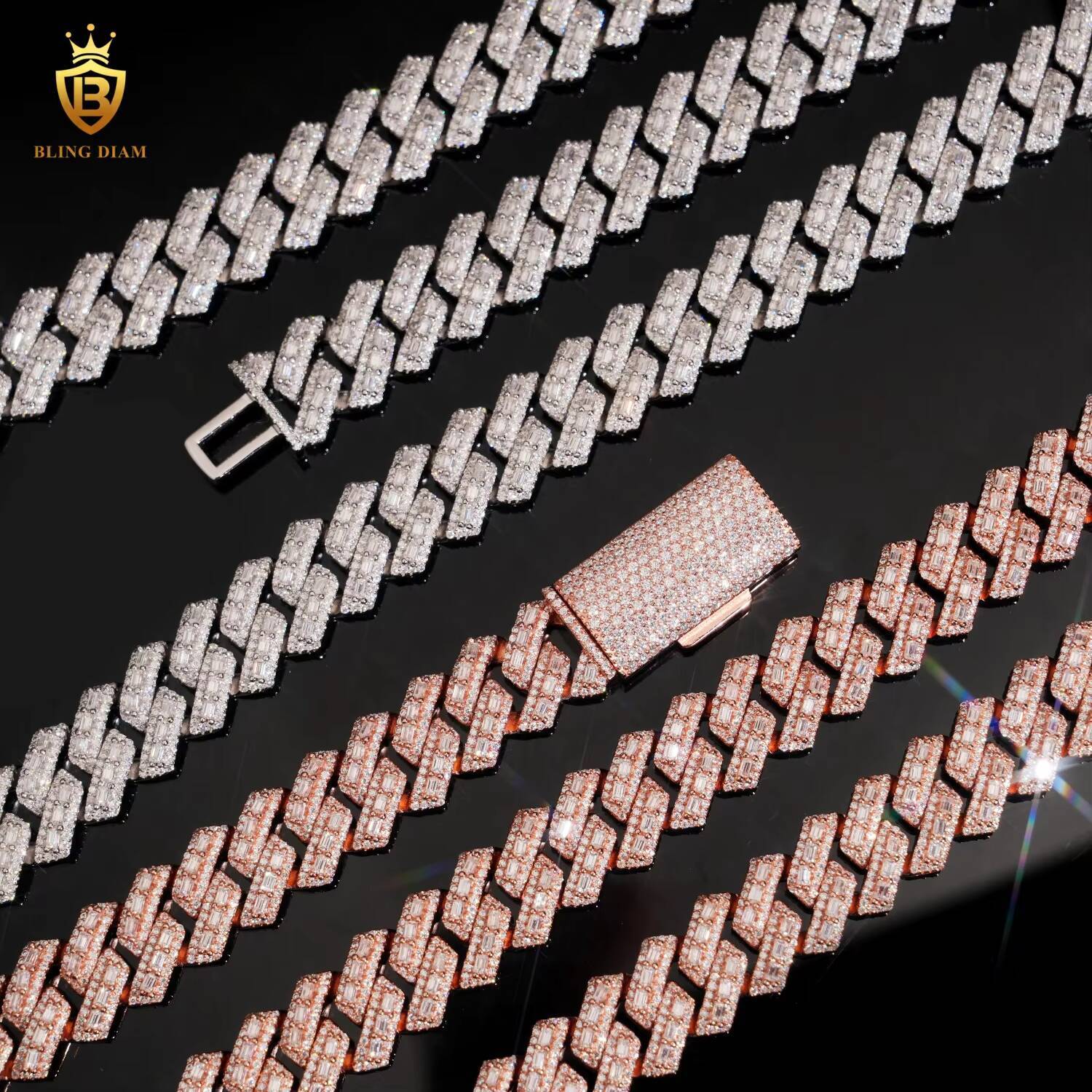 16mm Hip Hop Jewelry 925 Sterling Silver Rose Gold Vvs Moissanite Baguette Iced Out Mini Cuban Link Chain Bracelet Necklace