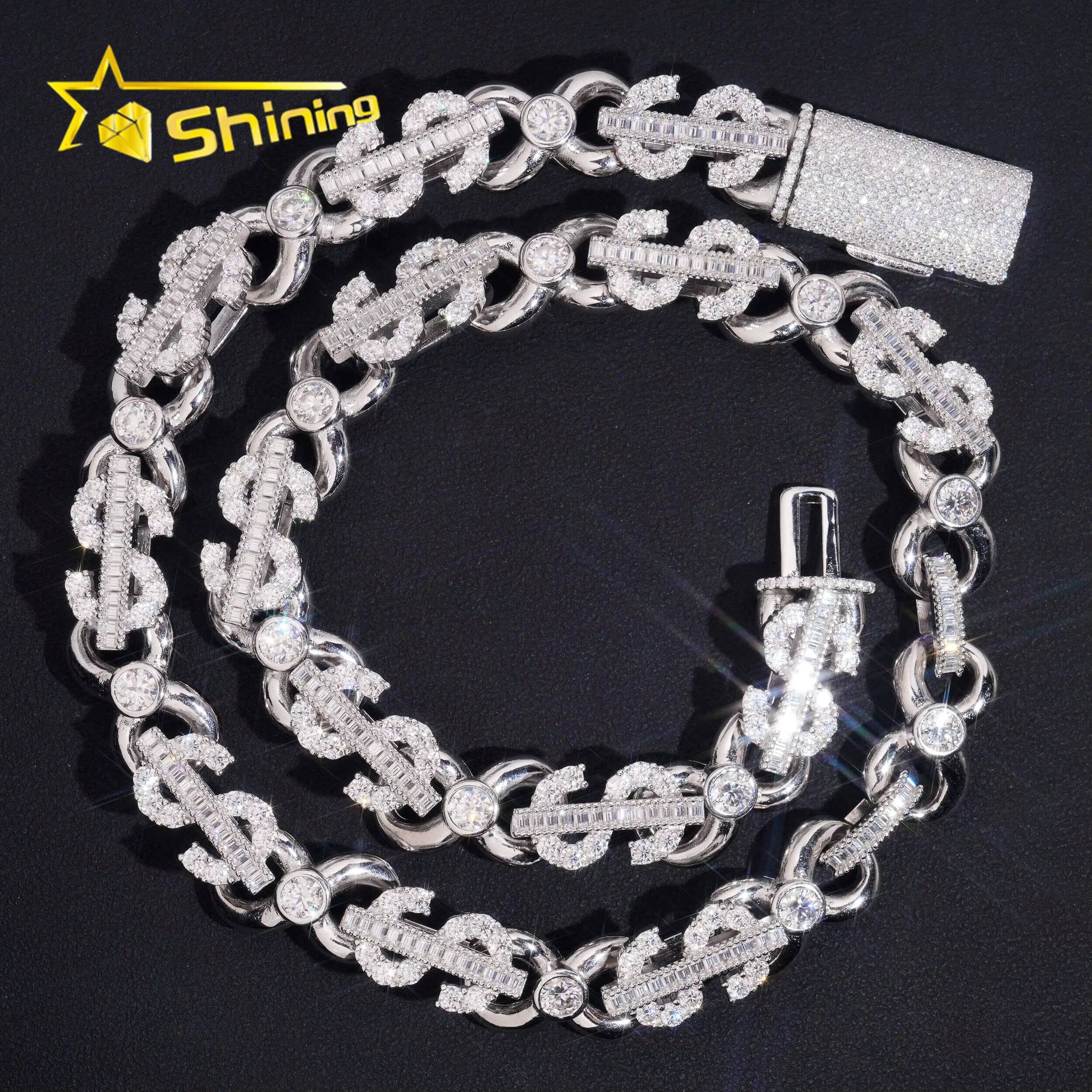 New Design Dollar Sign Necklace VVS Iced Out Baguette Moissanite Pass Diamond Test 925 Silver Gold Hip Hop Cuban Link Chain