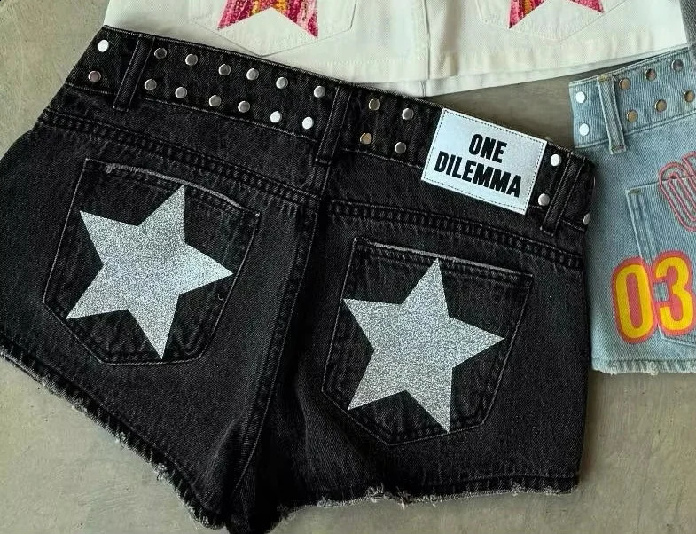American ONE DILEMMA Vintage FivePointed Star Printing Shorts Women Girl Sexy Washed Denim Low Waist Mini Skirts 250919