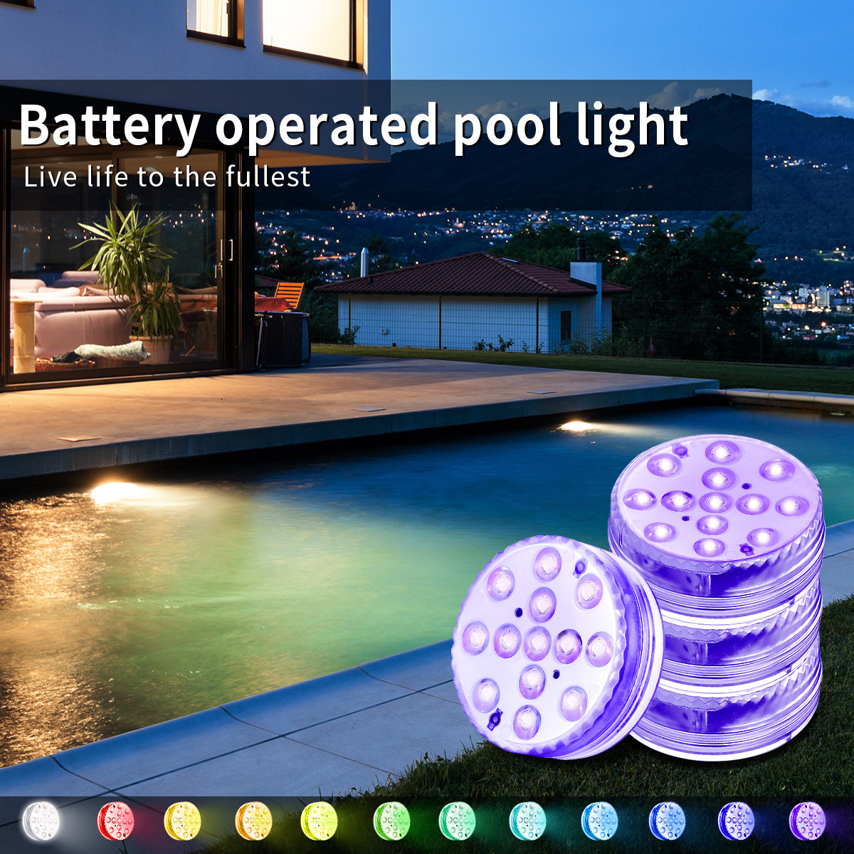 Waterproof RGB Pool Light with Remote Control, Magnetic Battery Operated LED Light for Pool Garden Outdoor Decor, 13 LED Multi-Color Modes-HCP203