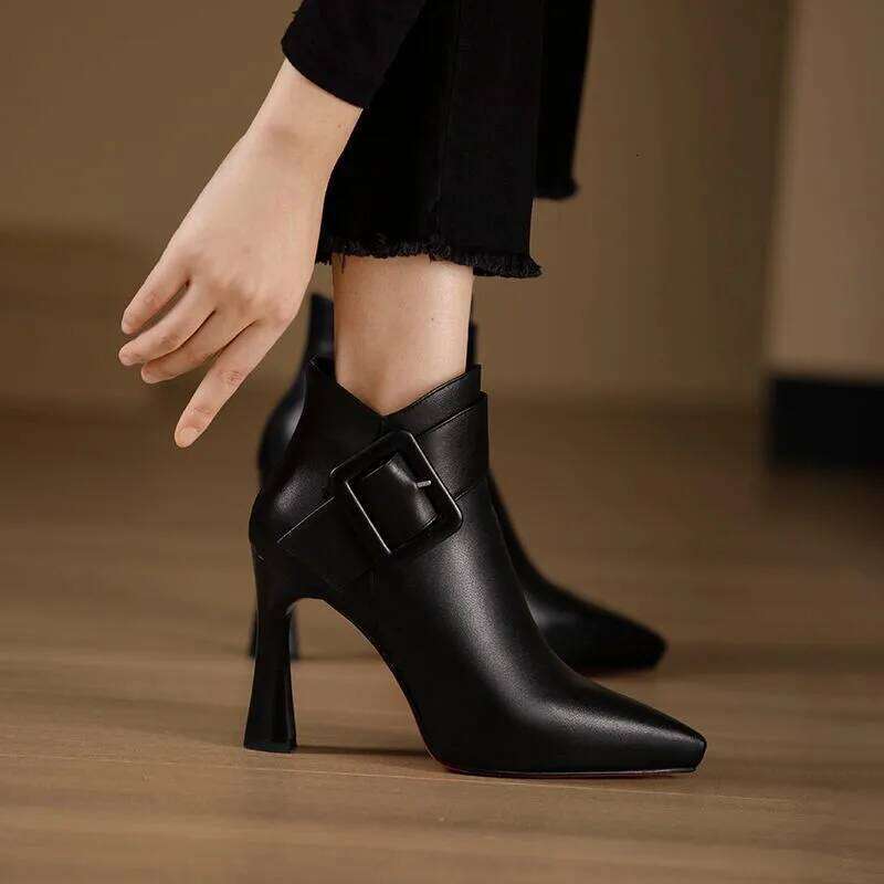 2024 Black Women's High Heels Sharp pointed anti-skid leather boots Belt buckle sexy low top shoes Casual fashion ladies pumps
