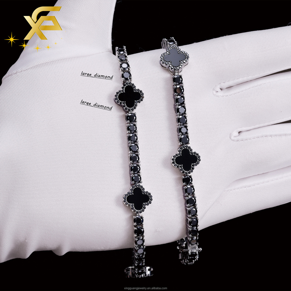 Black Color Moissanite Four Leaf Clover Bracelet S925 Silver 3mm5mm VVS Moissanite Clover Tennis Bracelet For Women