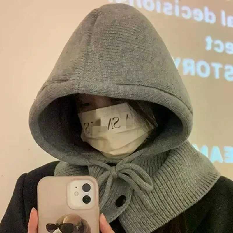Korea Winter Hats and Scarf Set with Botton Scarf Balaclava Hat Warm Neck Set Wen Knitted Wool Pr Hat Gothic Y2k Y250920