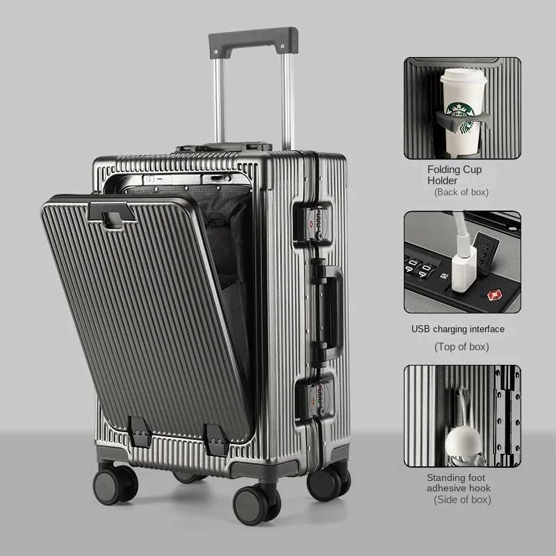 New Suitcase Front Opening Laptop Bag Aluminum Frame Luggage with USB Port Password Trolley Case Travel Suitcases 2028 inch W250920