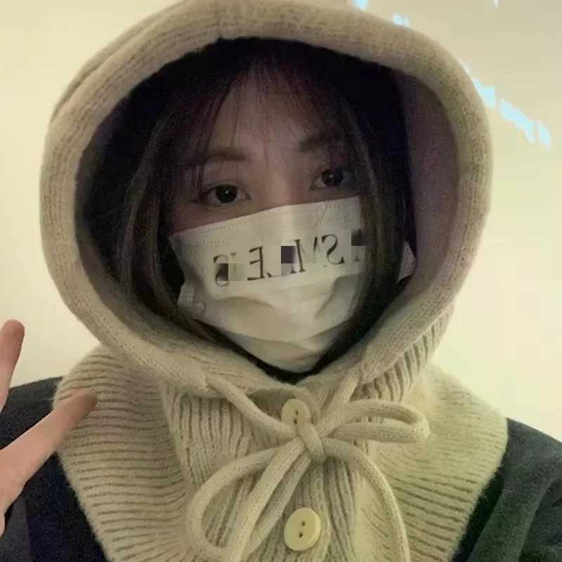 Korea Winter Hats and Scarf Set with Botton Scarf Balaclava Hat Warm Neck Set Wen Knitted Wool Pr Hat Gothic Y2k Y250920