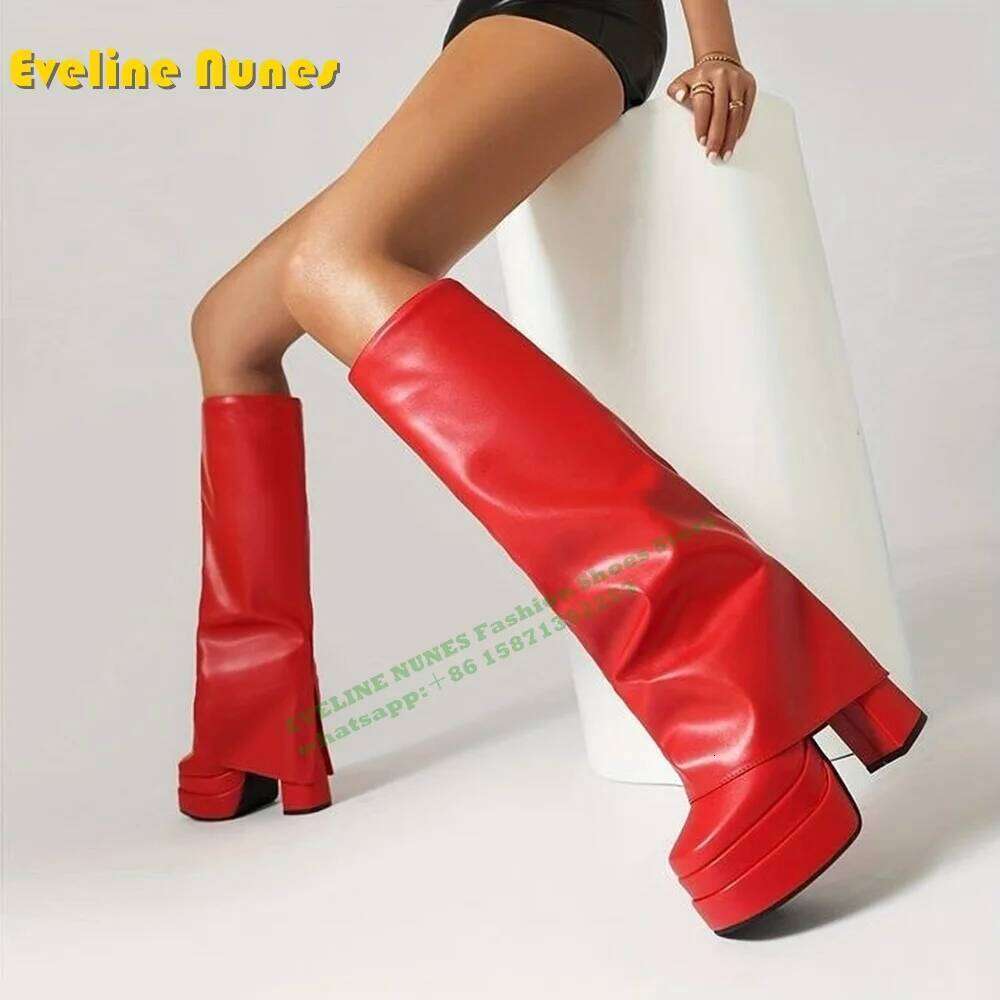 Wide Fit Overlay Chunky Heel Women Knee High Boots 2024 Winter Shoe Square Toe Solid Plus Size Pink Pull On Fashion Sexy Booties