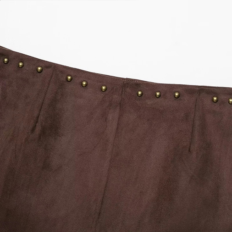 Willshela Women Fashion With Rivet Coffee Side Zipper ALine Mini Skirts Shorts Vintage High Waist Female Chic Lady 250919