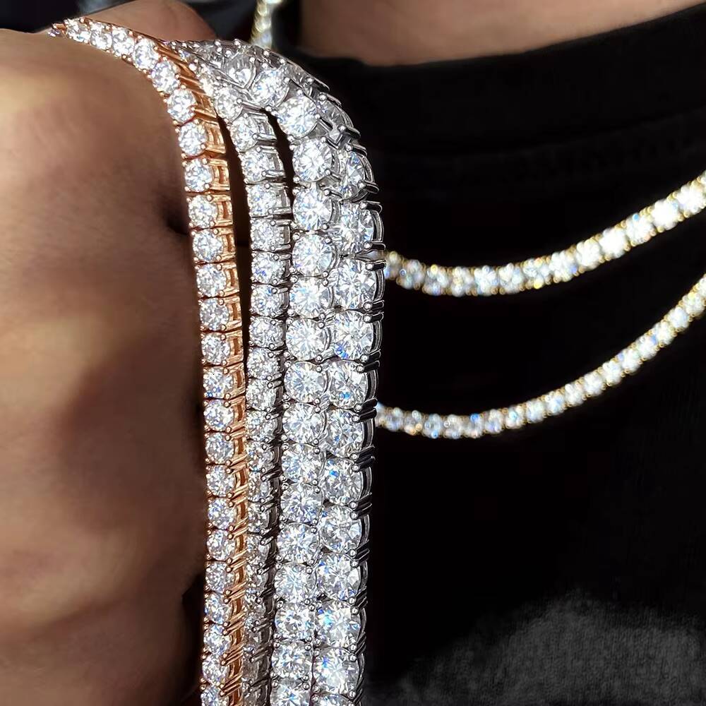 Hip Hop S925 Tennis Necklace VVS D Colorround 3mm Diamond Iced Out Past Tester Customized Trend 10k 14k Gold Moissanite Tennis Link Chains