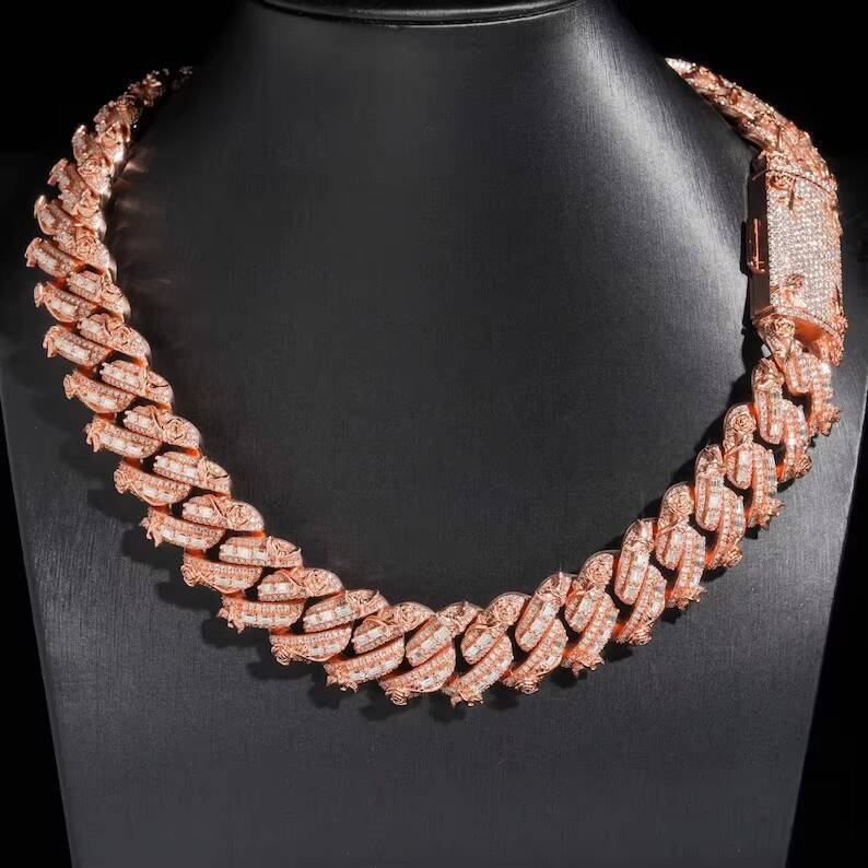 Iced Out Hiphop VVS Moissanite 20mm 925 Sterling Silver Baguette Stamped Customized Trend Cuban Link Chain