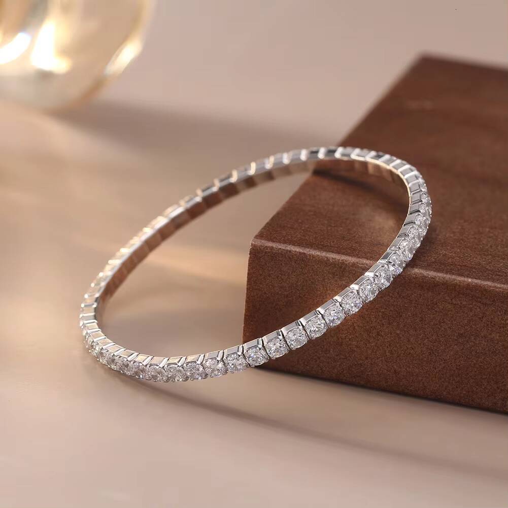 RINNTIN SB217 Rhodium Plated 925 Sterling Silver 3mm Moissaniteia Stretchy Chain Bracelet for Women Tennis Bracelet Jewelry