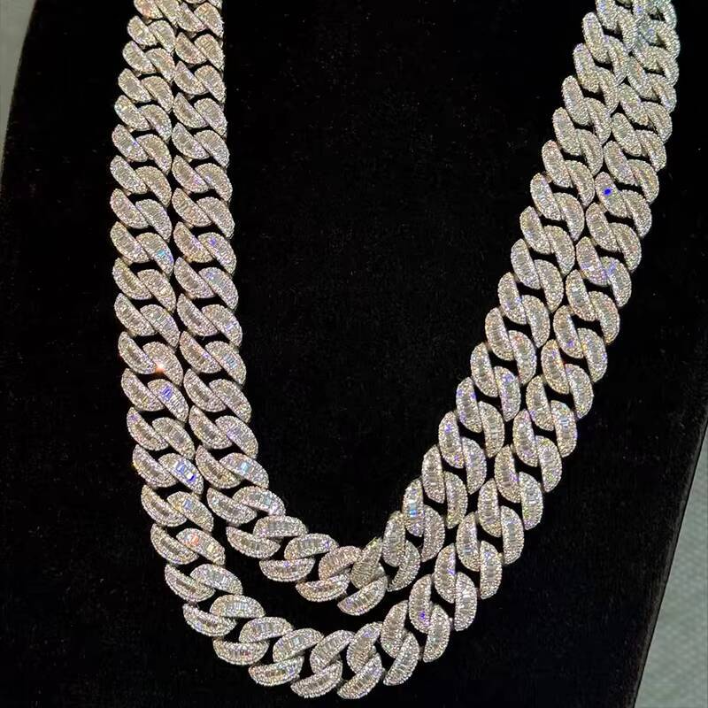 925 Silver VVS Moissanite Customized Trend Rangle Baguette Inlaid Iced Luxury Cuban Chain Necklace Mens Miami Style