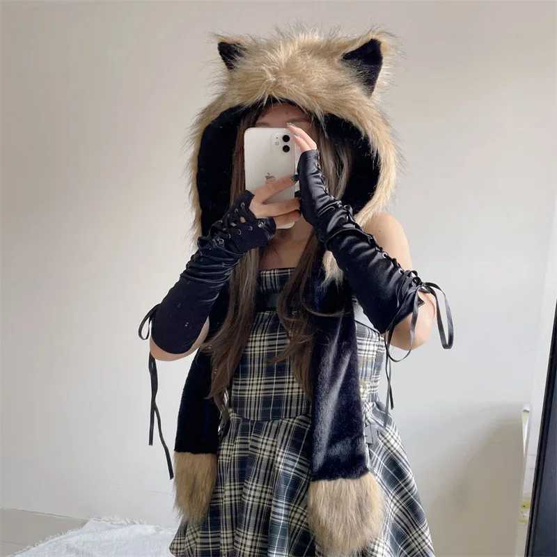 Winter Hat For Wens beanies Y2K Cute P Furry Ears Scarf Hat Two Piece Set Waste Earth Hat Windproof Warm Accories Y250920