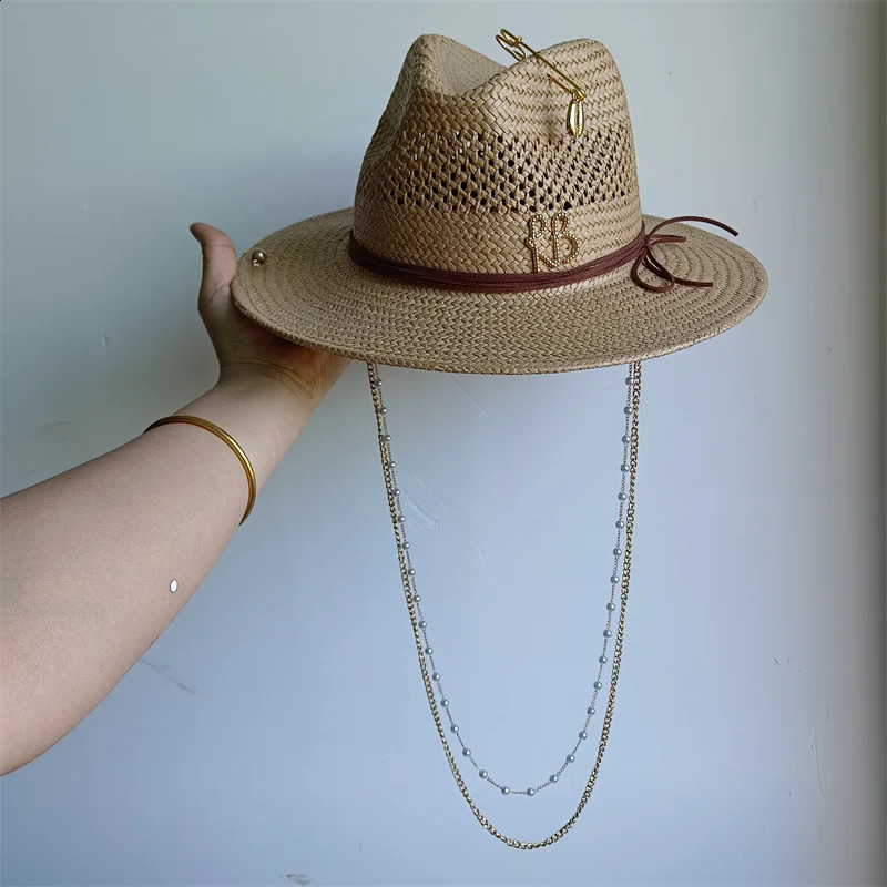 7cm straw hat Panama hollow pearl tassel series summer womens hat beach hat ladies summer trend Panama straw hat 250919