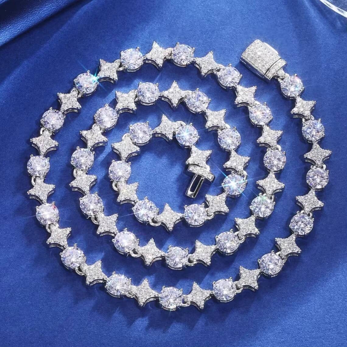 Hip Hop Jewelry Customized Trend 925 Sterling Silver Necklace Iced Out Classic 8MM Star Round VVS1 Moissanite Tennis Chain