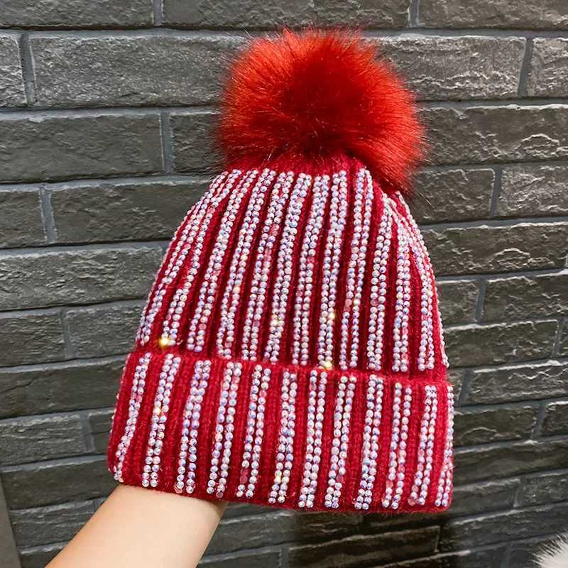 Mao Qiu Shui Diamond Striped Knitted Hat with P for Autumn and Winter Warm Woolen Hat Korean Outdoor band Cold Hat Y250920