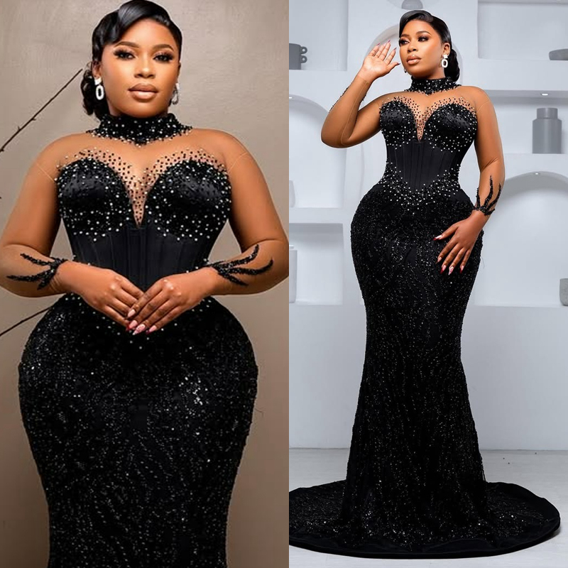 2025 Plus Size Black Prom Dresses For Black Women Formal Gowns Beaded Sequined Lace High Neck Illusion Crystals Long Sleeves Birthday Second Reception