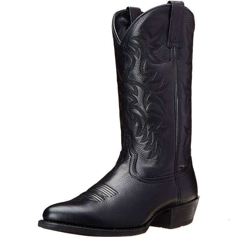 Handmade Cowboy Embroidery Western Pointed-toe Mid-calf Male New Slip on Men Riding Boots Zapatos Hombre