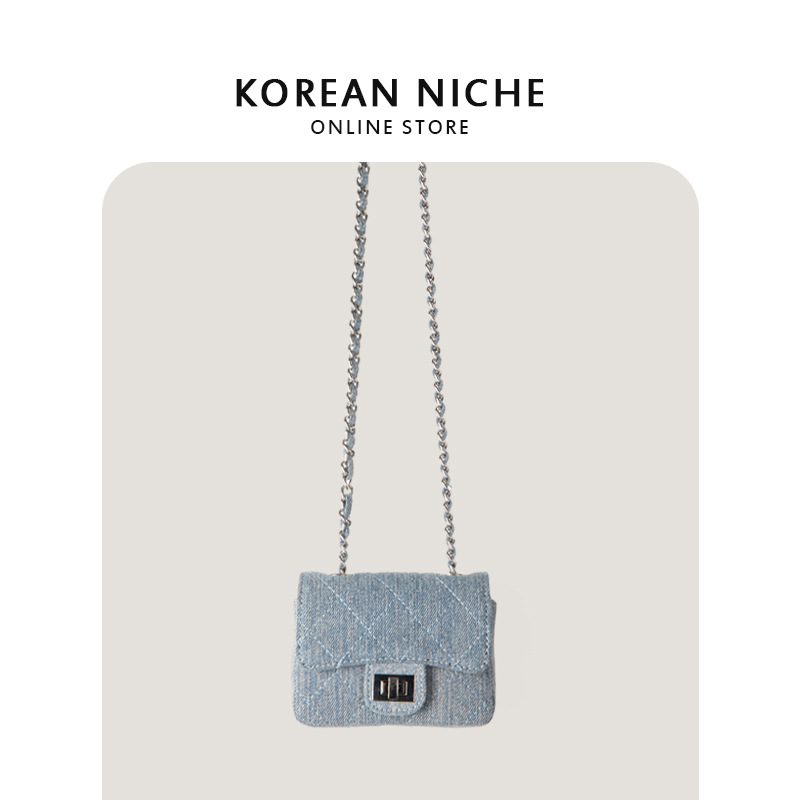 2025 Style Niche Design Mini Crossbody Small Square Fashionable And Versatile Plaid Denim Chain Bag