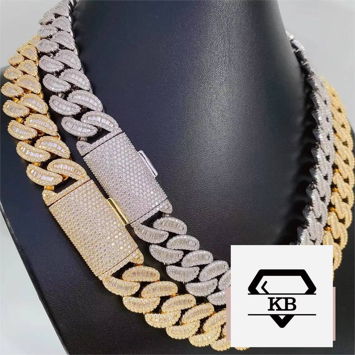 Hip Hop Jewelry 925 Sterling Silver 15mm Baguette Cut Diamond Luxury Moissanite Cuban Link Chain