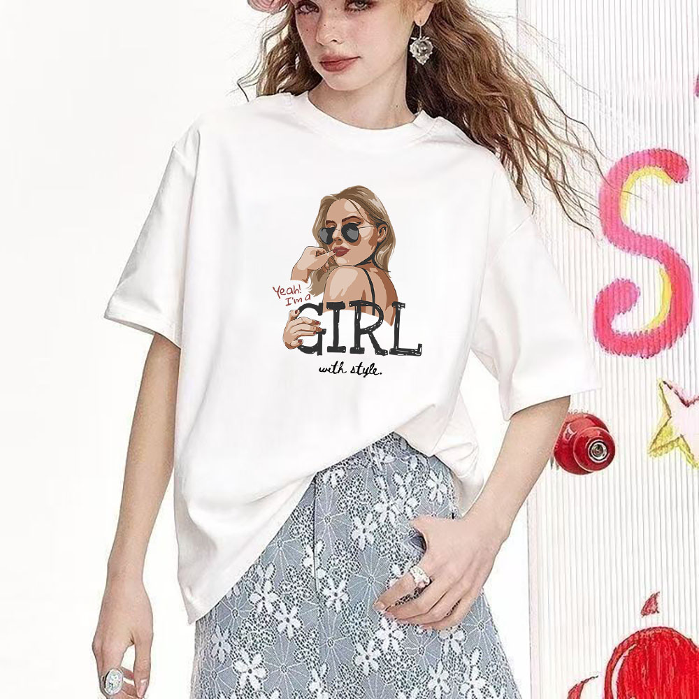 Fashionable Short-Sleeve Cotton Tee with Versatile Print - Heavyweight Pure Cotton Fabric 2025092002