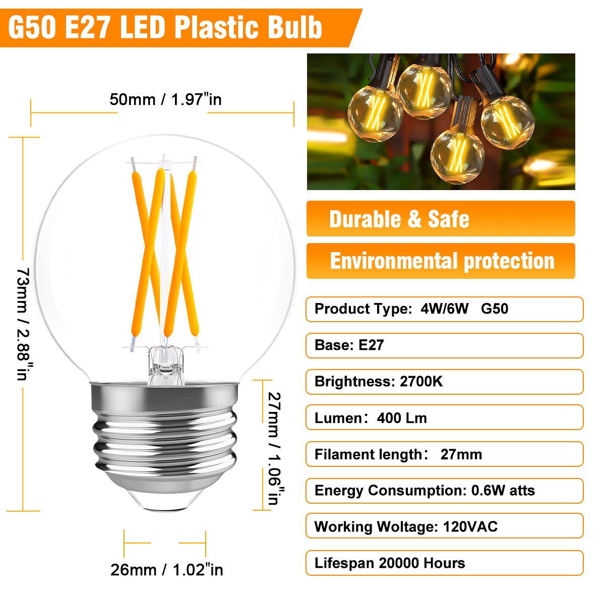 G50 E27 LED Glass Bulb 6W Dimmable, 400LM Warm White 2700K Vintage Edison Bulbs, Shatterproof Filament Lighting for Home Decor, 6-Pack-HCP308