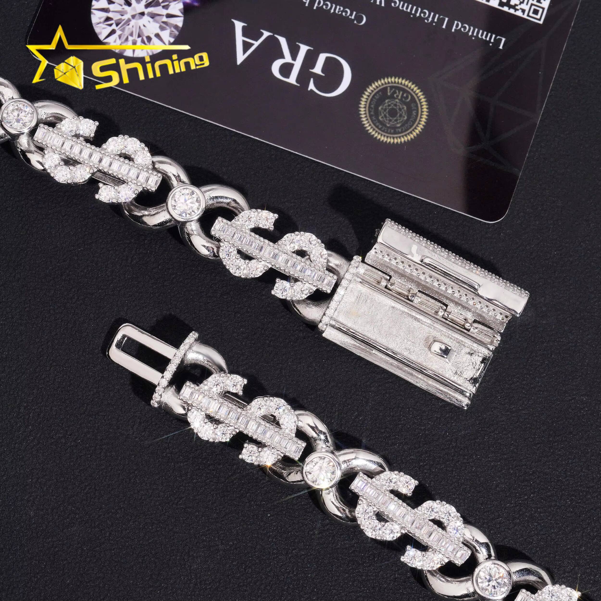 New Design Dollar Sign Necklace VVS Iced Out Baguette Moissanite Pass Diamond Test 925 Silver Gold Hip Hop Cuban Link Chain