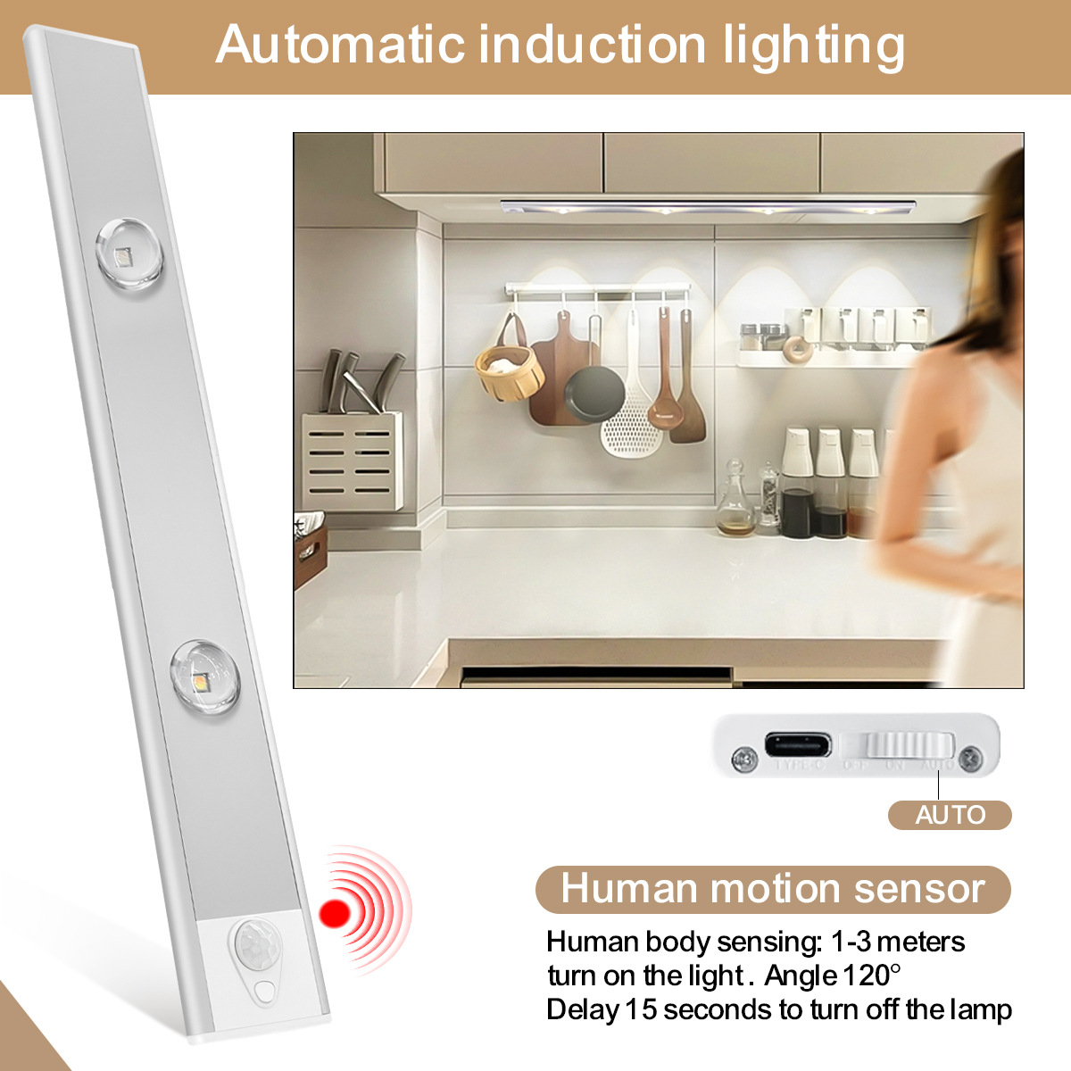 Crystal Cat's Eye Cabinet Light with Hand Wave Sensor, Ultra Thin 9mm Human Motion 3 Color Temperature Dimmable USB Lighting for Kitchen Wardrobe
