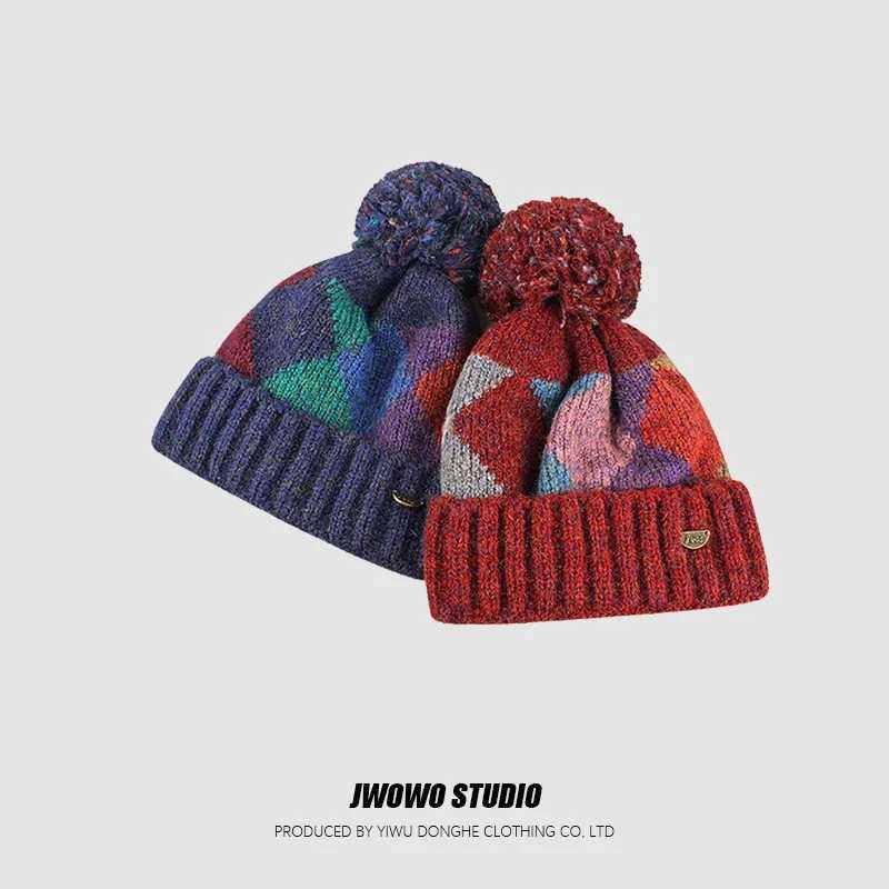 Retro Colorbl Diamondshed Woolen C for Wen Winter Thicke Colorf Pball Earprotecting Knitted Hats Y250920