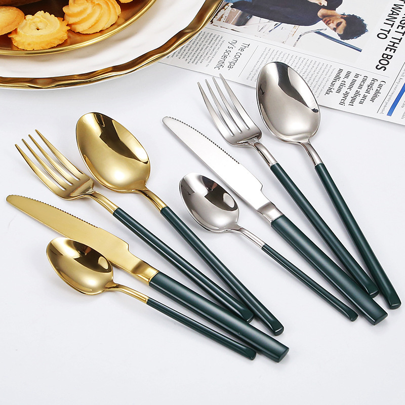 Silver Gold Flatware Set Stainless Steel Cutlery Handle White Black Green Tableware