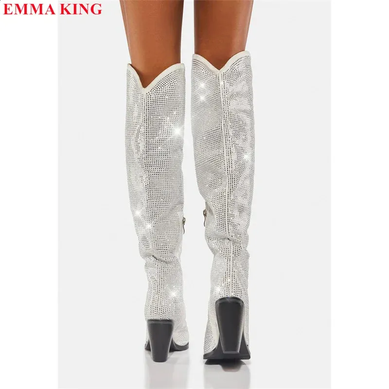 ers all rhinestone stud knee high boots crystal corner toe long boots thick high heels western cowboy boots for women 240914