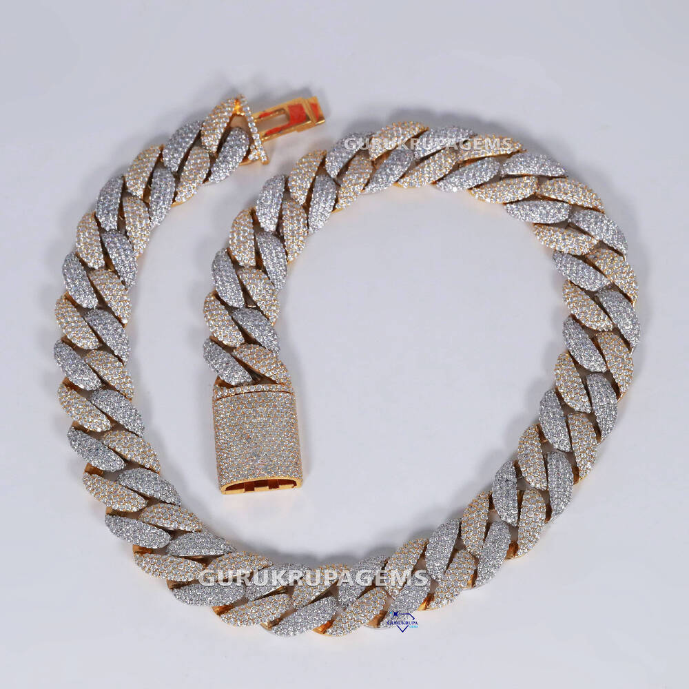 Exclusive 14 Kt Yellow and White Gold Hip Hop Cuban Party Wear Chain Enhance With Lab Grown Round Brilliant Cut Vvs Diamond