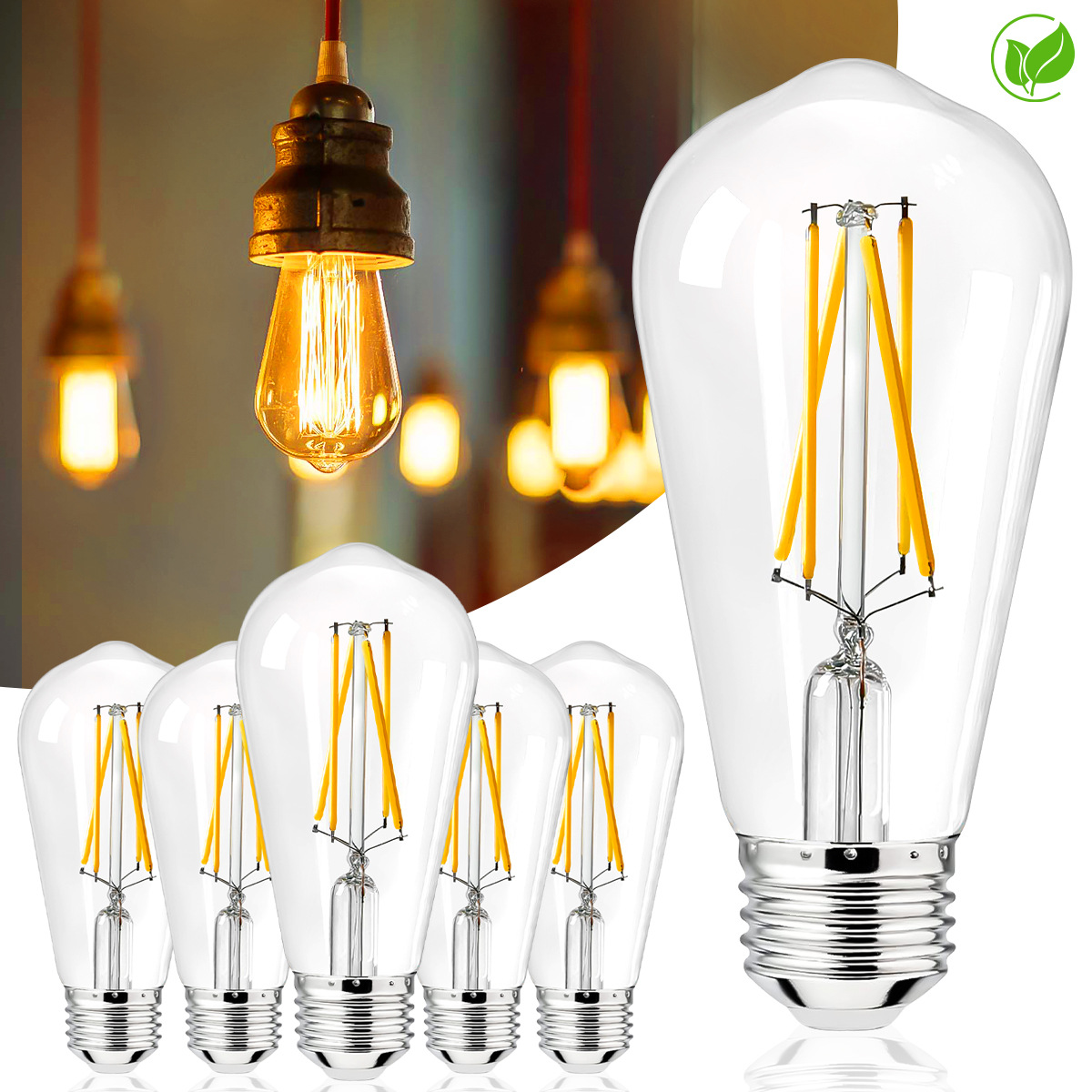 ST58 E26 LED Edison Bulb 6W Dimmable, 60W Equivalent Vintage Glass Light Bulbs, 550LM 2200K-6000K Adjustable Color Temperature, 6-Pack for Home Cafe D