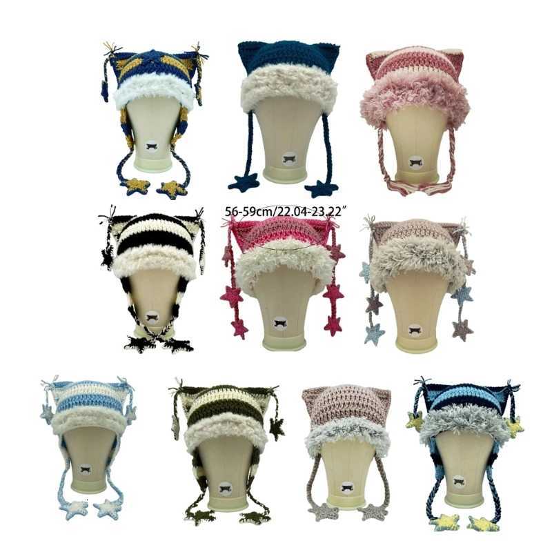 Girl Cartoon Cat Ear Knit Beanie Hat Y2Kstyle Party Hat Photo Props Hot Girl Cute Slouchy Crocheted Hat Dropsing Y250920