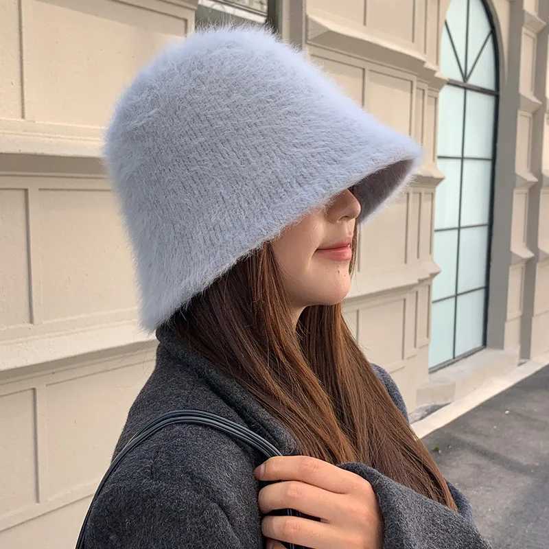 2024 Winter Hat Fem Fashion Solid Color Rabbit Fur Hat C Fishermans Hat Retro Knitted Basin Hats Y250920