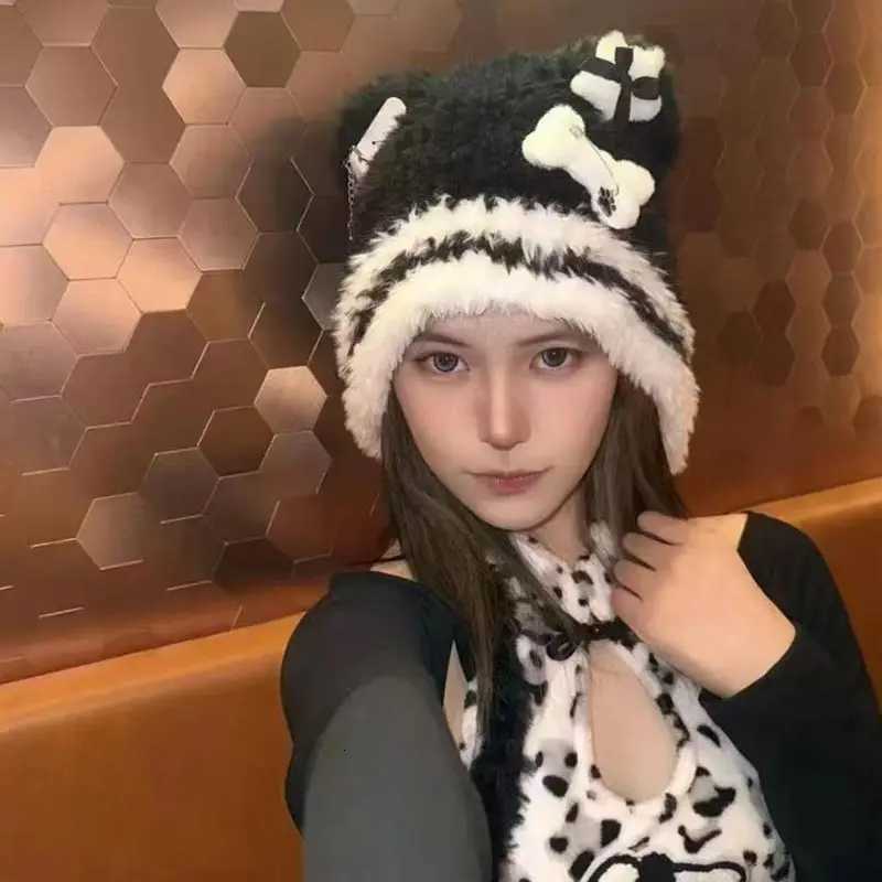 Wens Gothic Harajuku Punk Lolita Y2k Spicy Girls Subcture Bear Hat Cute Little Bone Cross Star Wings Wool Hats Y250920