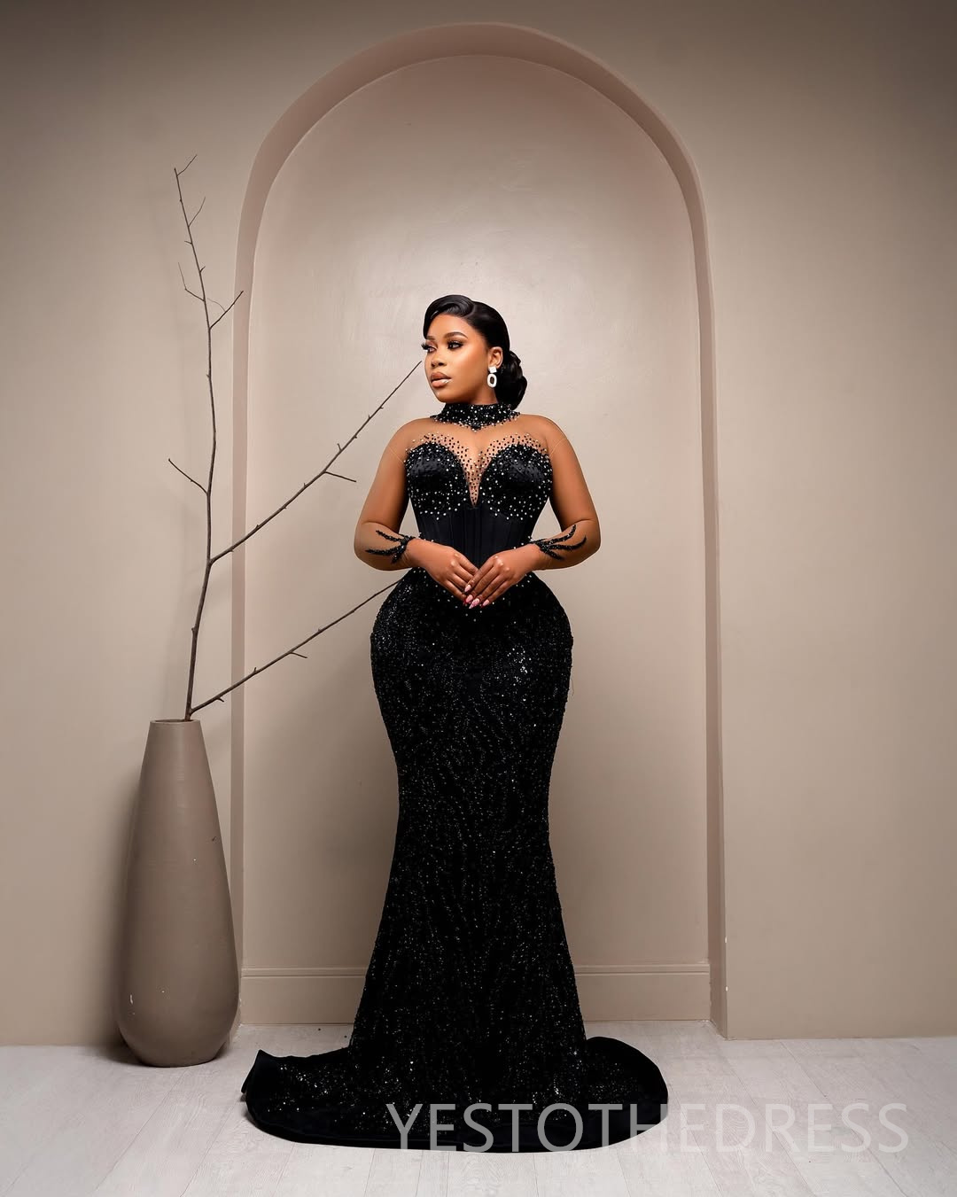 2025 Plus Size Black Prom Dresses For Black Women Formal Gowns Beaded Sequined Lace High Neck Illusion Crystals Long Sleeves Birthday Second Reception