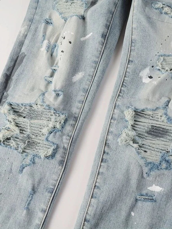 Mens Denim Jeans Trendy Hole Patch Elastic Paint Splatter Light Color High Street Slim Long Pants Casual Sle 250921