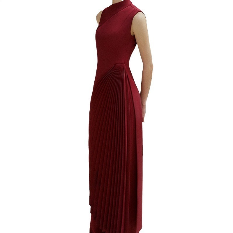 Women Elegant Pink Pleated Stand Collar Long Dresses Fashion Sleeveless Waist Up Slim Fit Vestidos Female High Street Robes 241204
