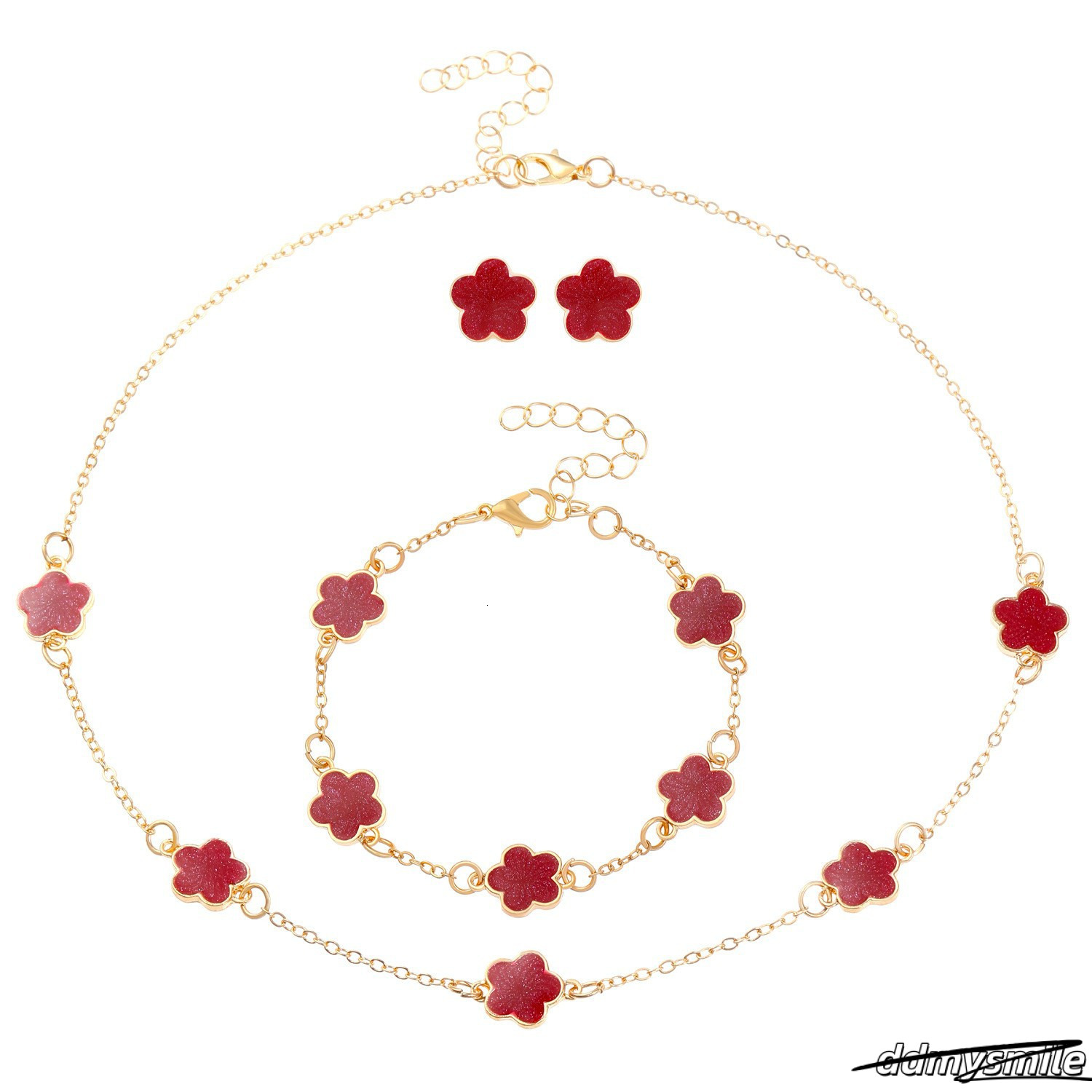 Chic Floral Accents - Complete Matching Bracelet/Necklace With Delicate Five Petal Design ddmysmile