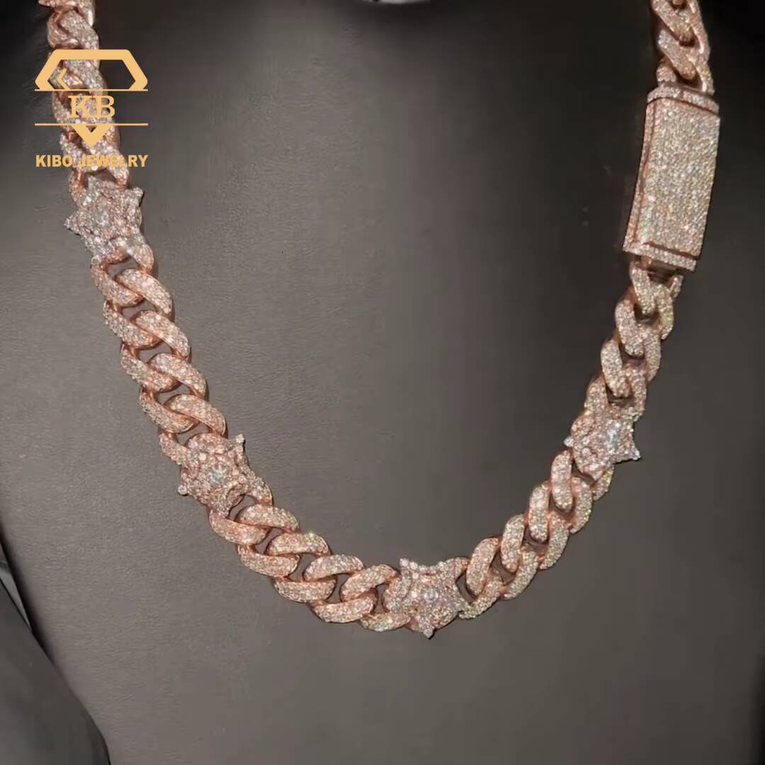 Hip Hop Past Diamond Tester 925 Silver Cuban Link Chain Rose Gold With Diamond Stars Cuban Chains Moissanite