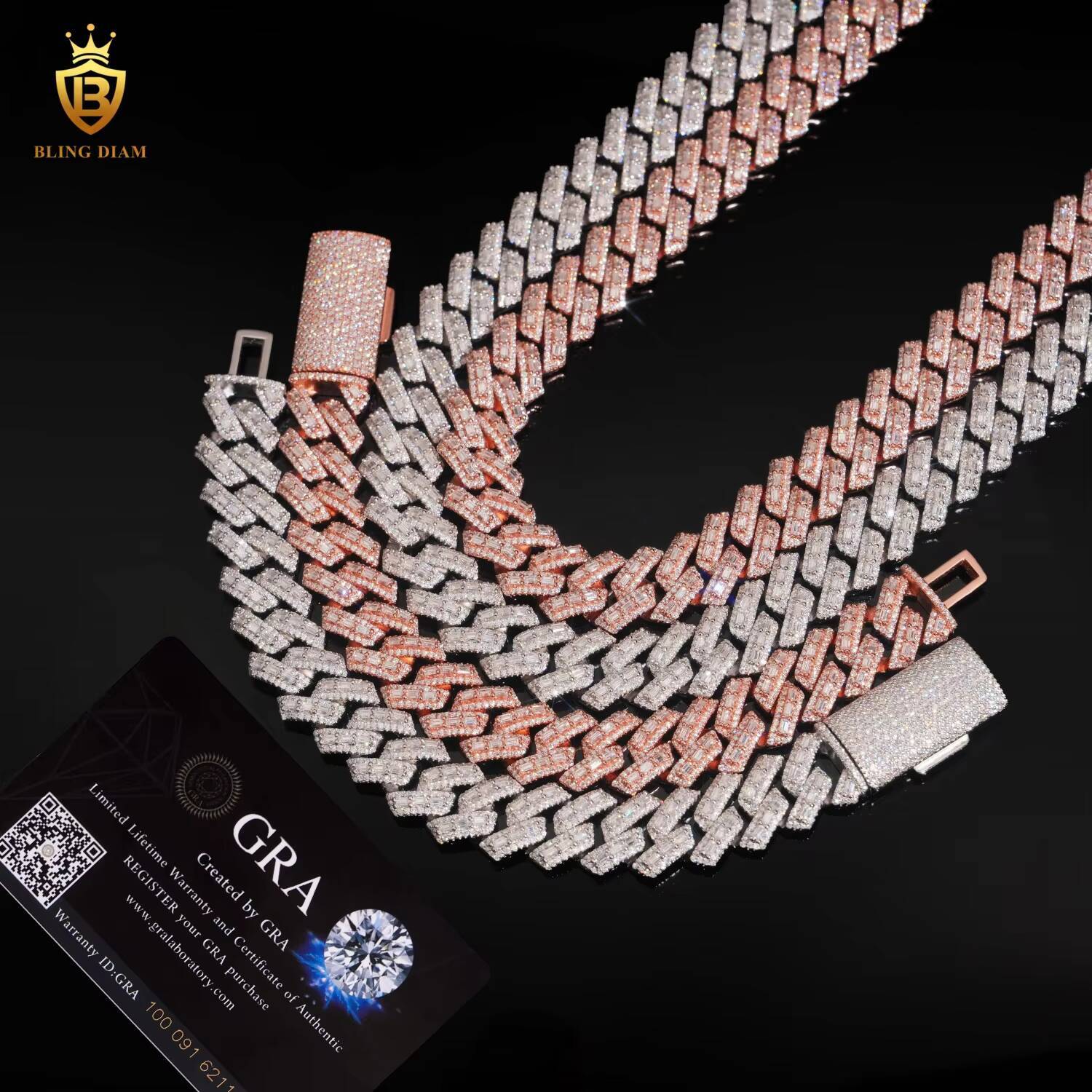 16mm Hip Hop Jewelry 925 Sterling Silver Rose Gold Vvs Moissanite Baguette Iced Out Mini Cuban Link Chain Bracelet Necklace