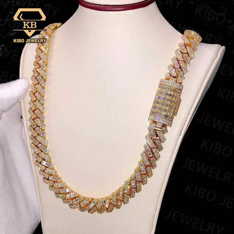 Vvs Iced Out Hip Hop 925 Silver Baguette Round Cut Moissanite Necklace Gra Diamond Moissanite Baguette Cuban Link Chain