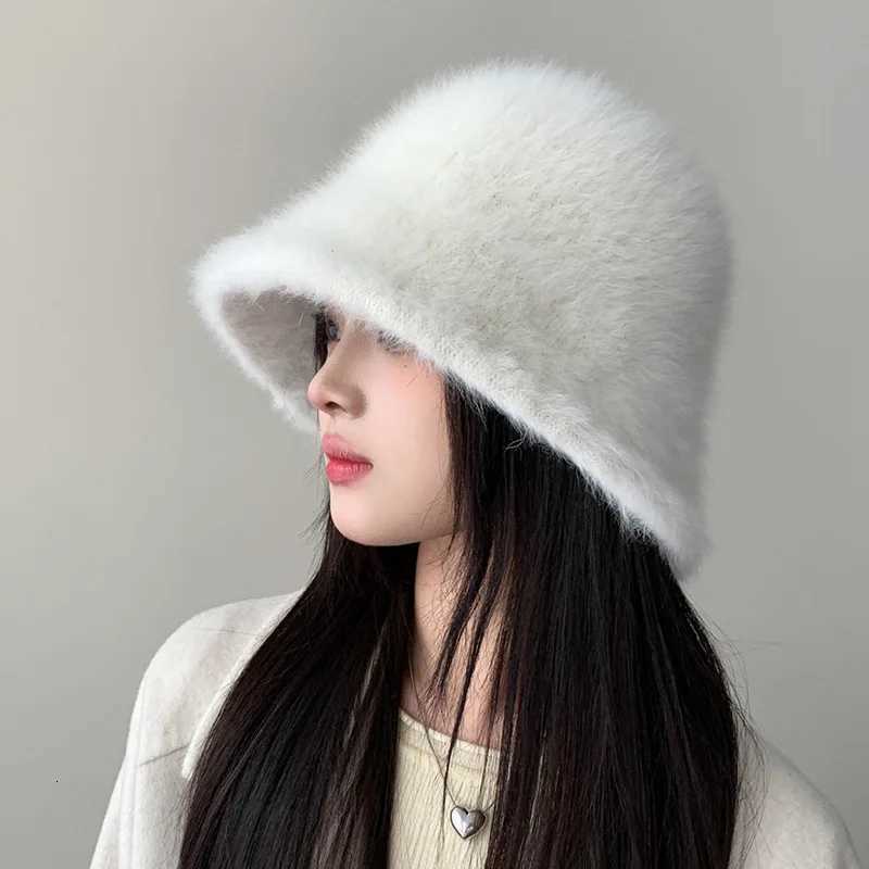 2024 Winter Hat Fem Fashion Solid Color Rabbit Fur Hat C Fishermans Hat Retro Knitted Basin Hats Y250920