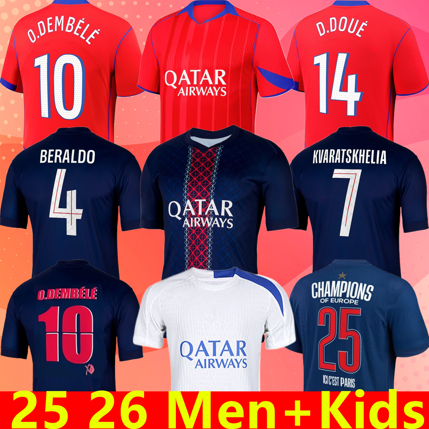 2025 2026 Ousmane Dembele D.DOUE VITINHA jersey Khvicha Kvaratskhelia Football Shirt GonCalo Ramos Gianluigi Donnarumma kit 25 26 Soccer Jerseys kids BARCOLA