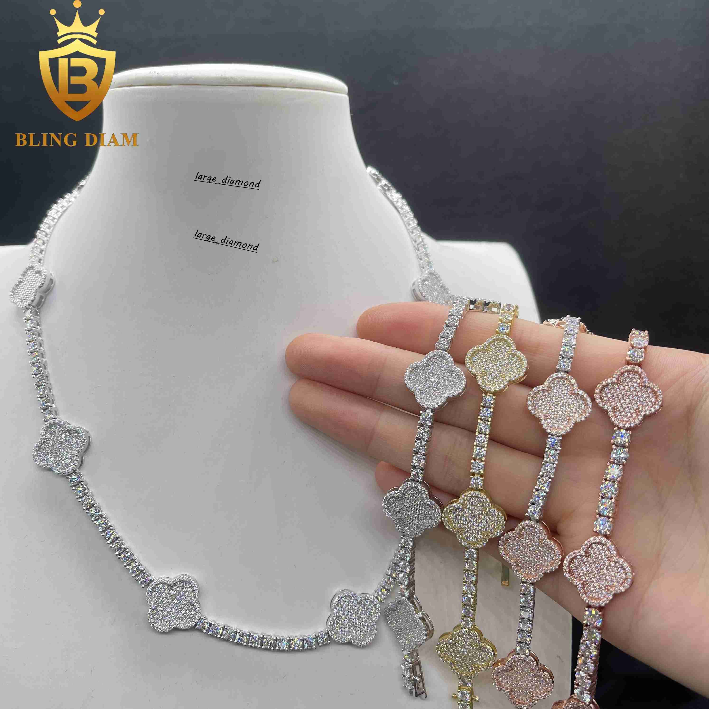 Luxury Charms Bangle Jewelry 3mm 4mm 925 Sterling Silver Rose Gold Vvs Moissanite FourLeaf Clover Bracelets for Men Women