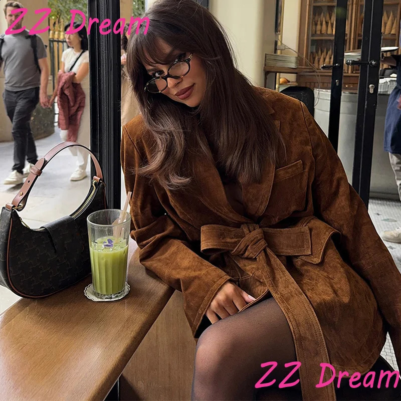 Womens Suede Jacket Solid TurnDown Collar Long Sleeve Coats Waistbelt Pockets Female Autumn Fashion Casual Outwears 250923